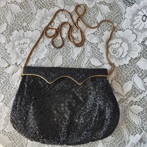 Vintage Bechamel Black Beaded Evening Bag Handmade Purse 1980s Art Deco Glam